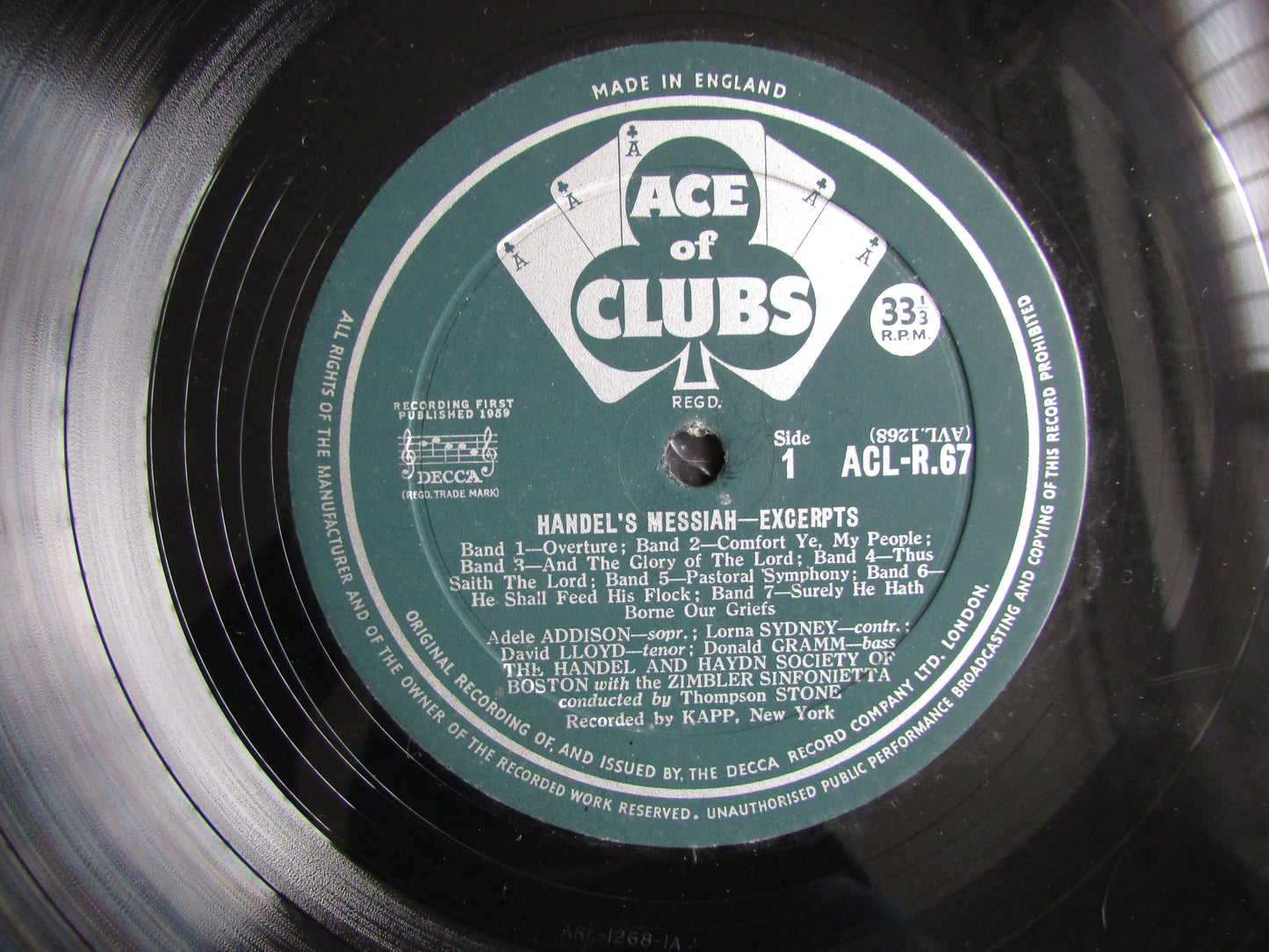 Handel's Messiah inc Hallelujah - cond by Thompson Stone, LP Vinyl Decca ACL-R67