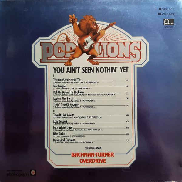 Bachman-Turner Overdrive – You Ain't Seen Nothin' Yet - Vinyl LP - Fontana – 6430 151