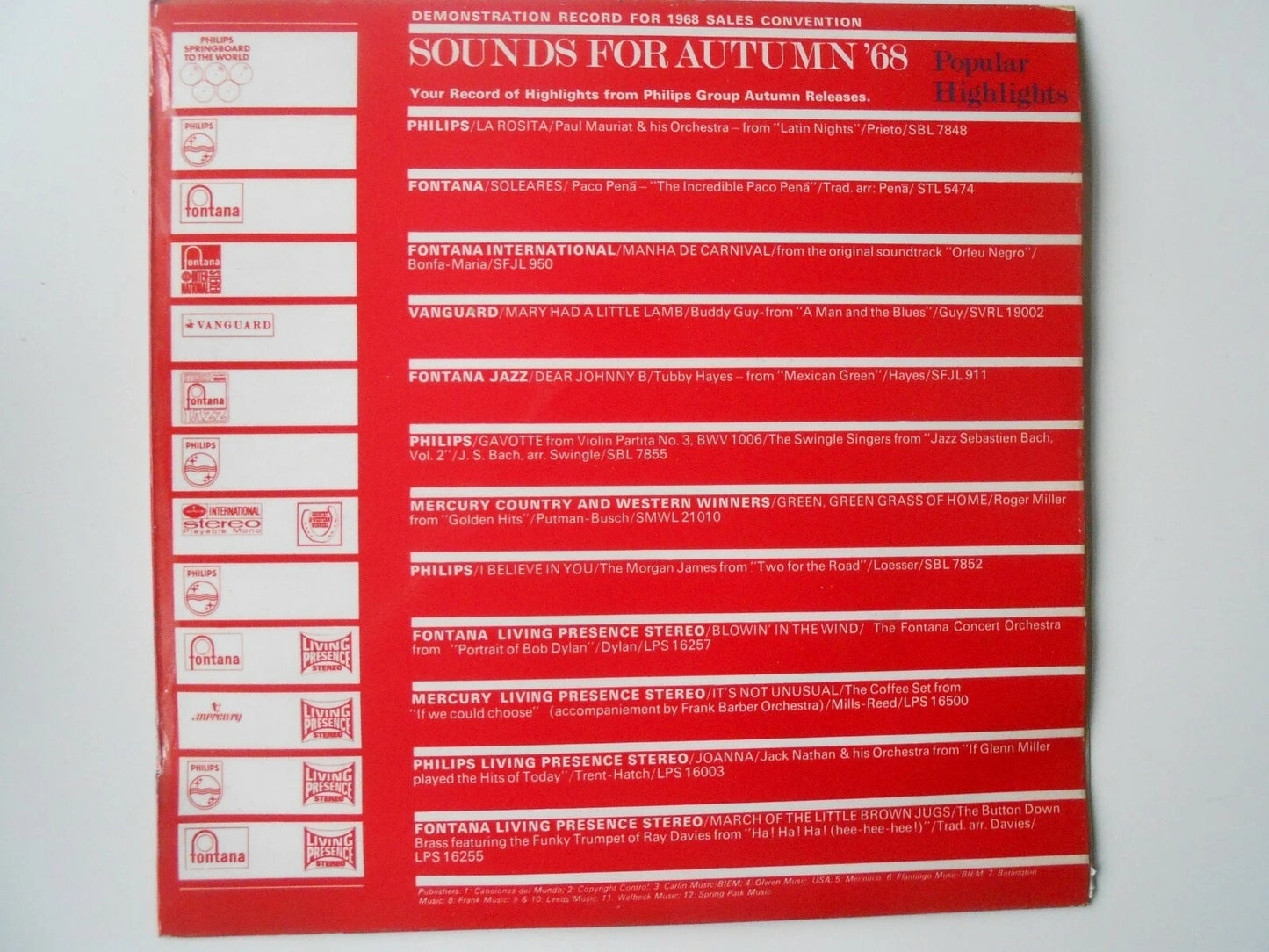 Sounds For Autumn '68 Classical Highlights Demo record for 1968 sales convention