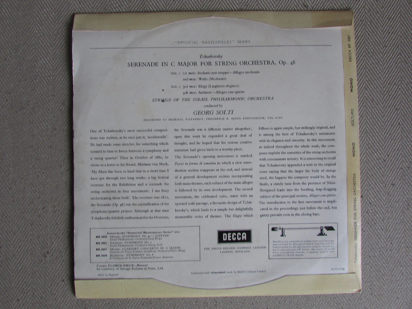 Tchaikovsky, Israel Philharmonic Orchestra, Solti - Serenade For Strings Decca BR.3067 10"