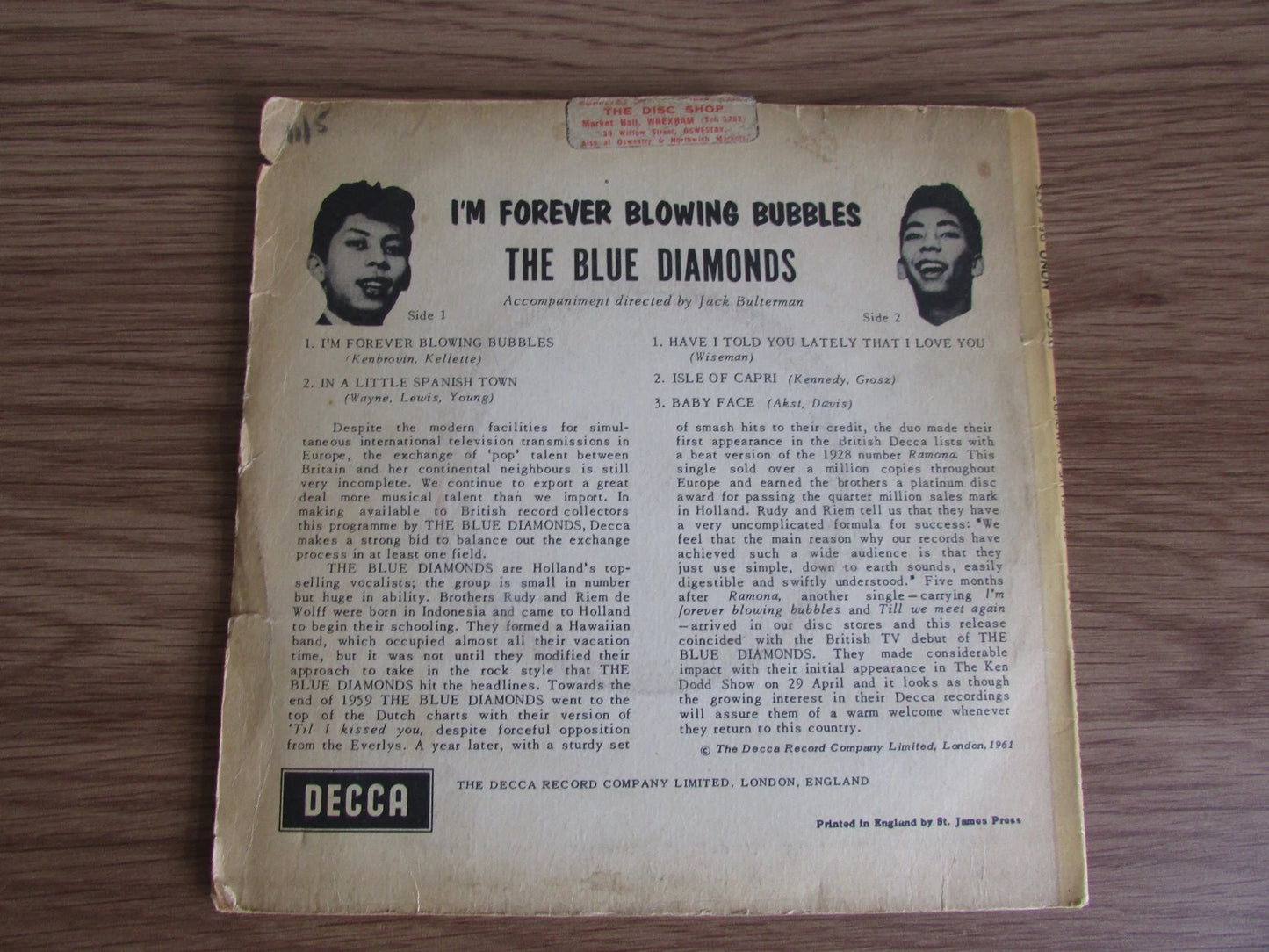 THE BLUE DIAMONDS-I'M FOREVER BLOWING BUBBLES Decca DFE6675 7" 1961