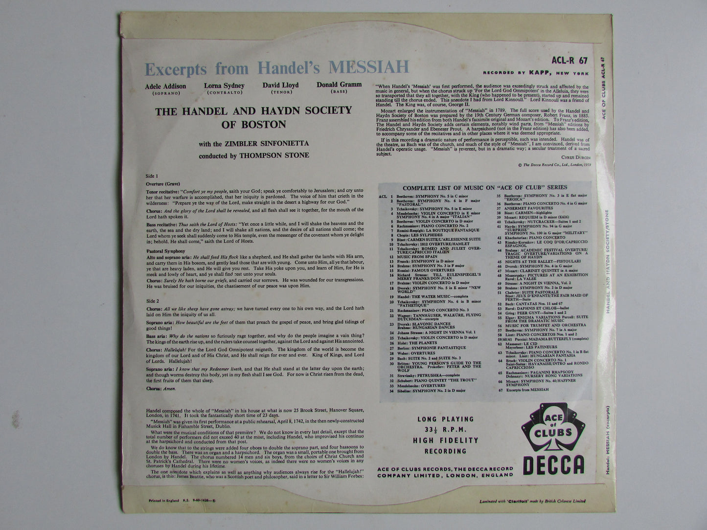 Handel's Messiah inc Hallelujah - cond by Thompson Stone, LP Vinyl Decca ACL-R67
