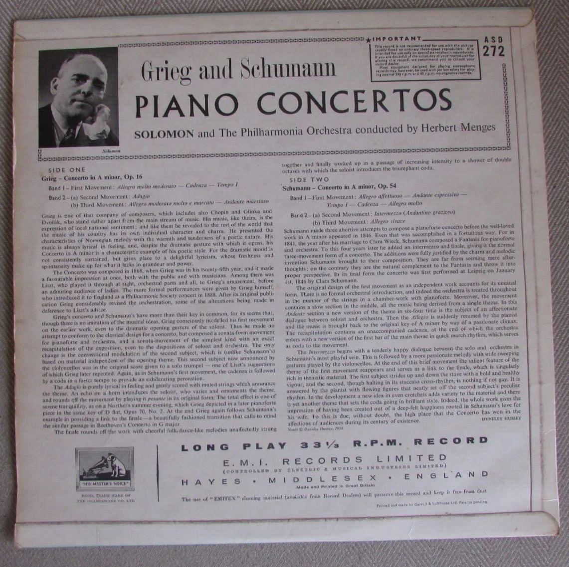 Grieg & Schumann Piano Concertos SOLOMON - LP Vinyl Record HMV ASD 272