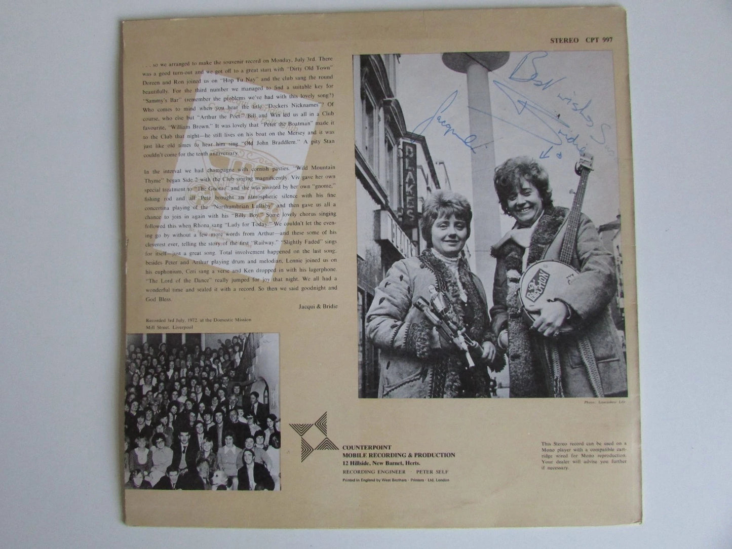 Jacqui And Bridie, 10th Anniversary Of The Coach House Folk Club LP ** SIGNED ** Counterpoint CPT997