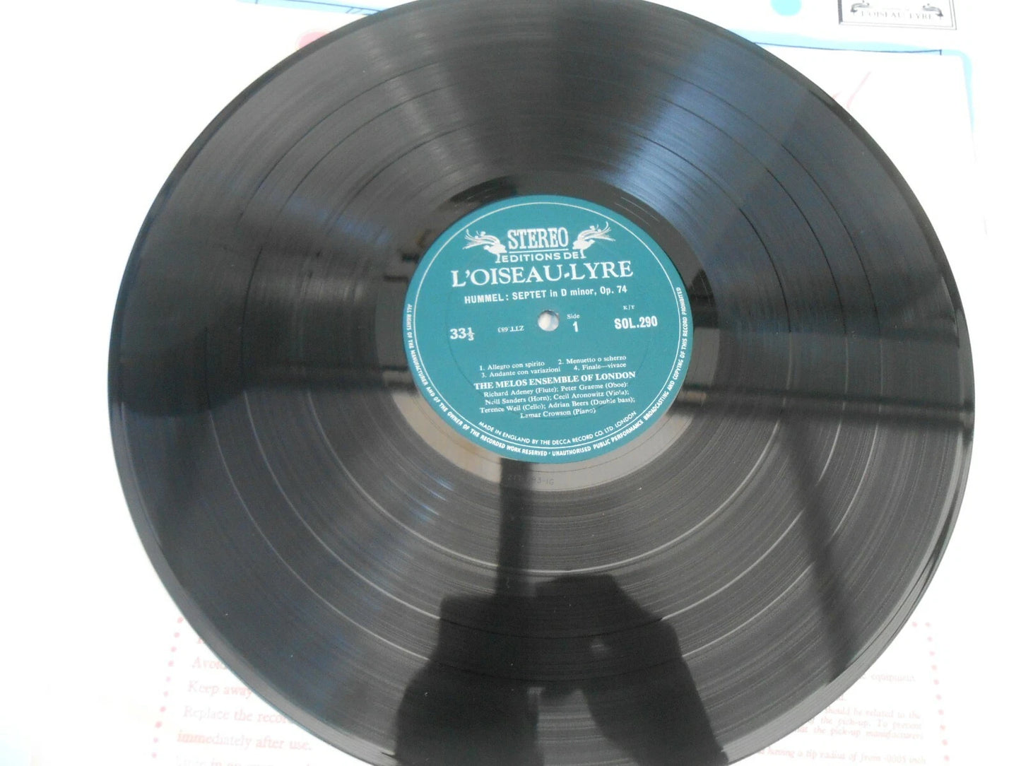 Hummel Melos Ensemble Of London ‎Septet In D Minor Op 74 Quintet In E Flat Op 87 - Vinyl SOL 290