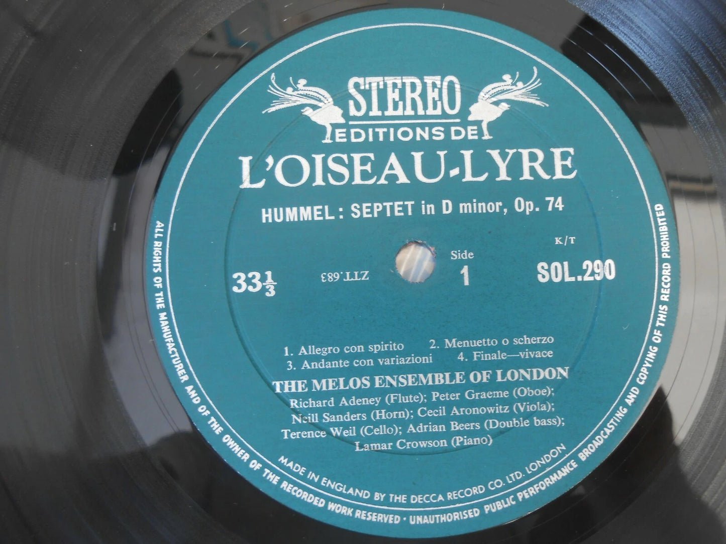 Hummel Melos Ensemble Of London ‎Septet In D Minor Op 74 Quintet In E Flat Op 87 - Vinyl SOL 290