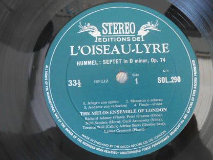 Hummel Melos Ensemble Of London ‎Septet In D Minor Op 74 Quintet In E Flat Op 87 - Vinyl SOL 290