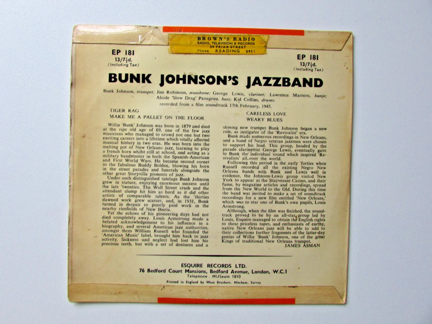 BUNK JOHNSON'S JAZZ BAND, RARE 4 TRACK 7" VINYL EP, ESQUIRE RECORDS EP181