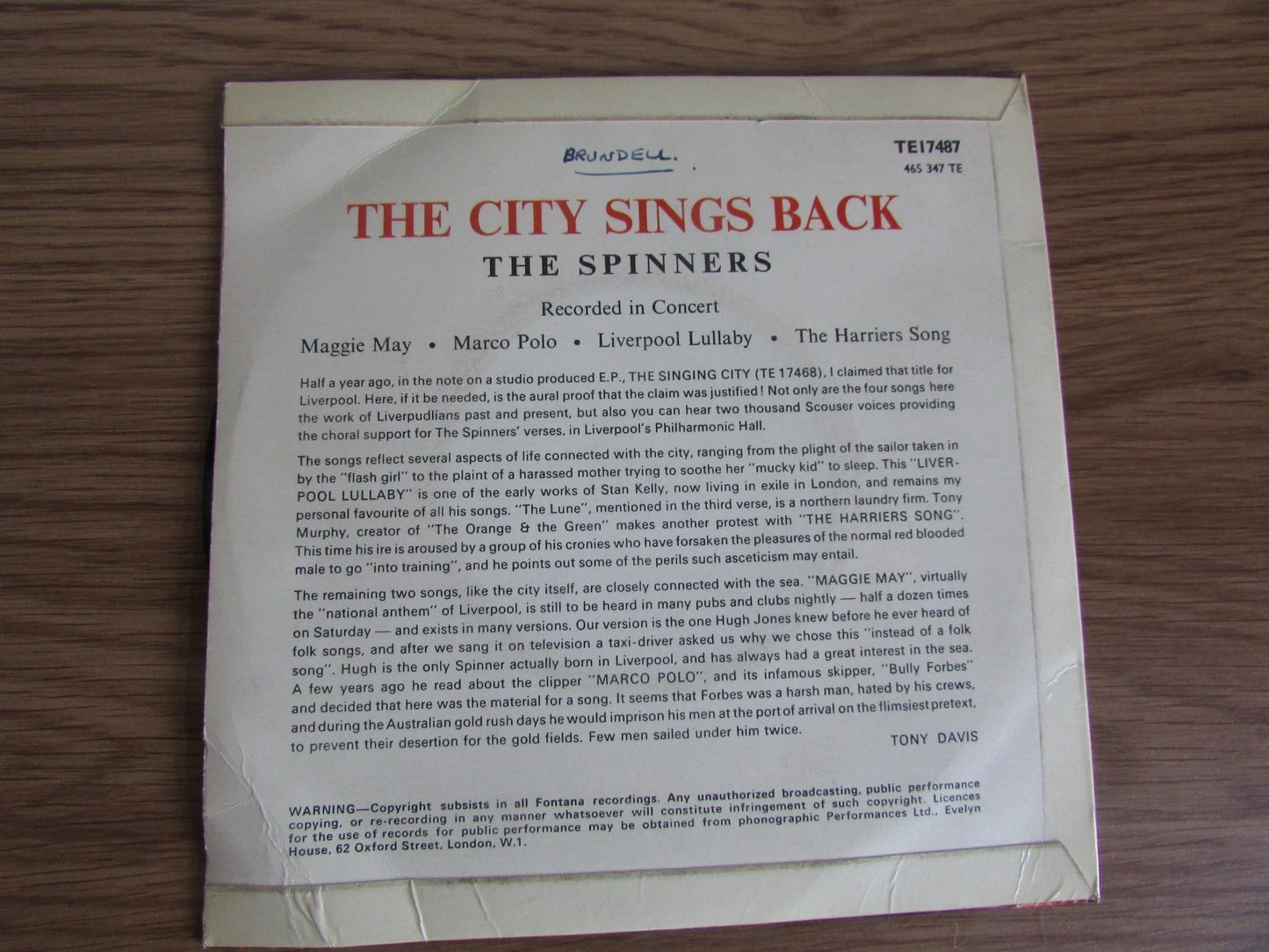 The Spinners - The City Sings Back, 7" Vinyl Record 1967 - Fontana TE17487