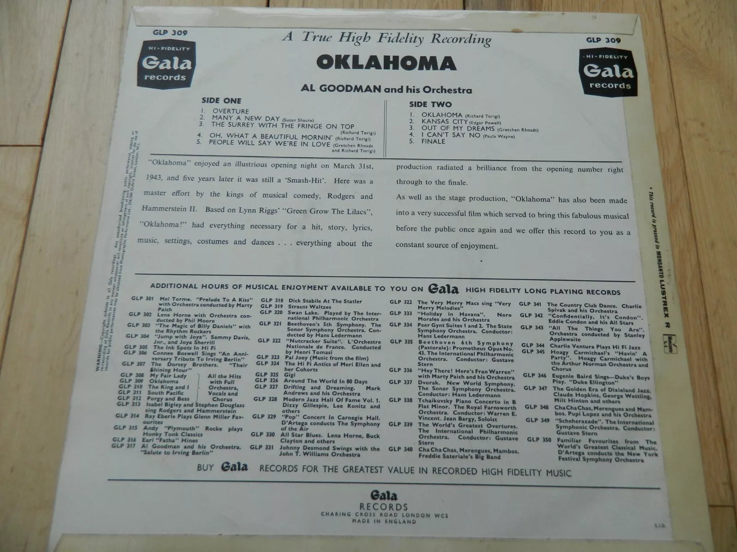 Rodgers And Hammerstein's - Oklahoma - Al Goodman's Orchestra - Vinyl LP GLP309