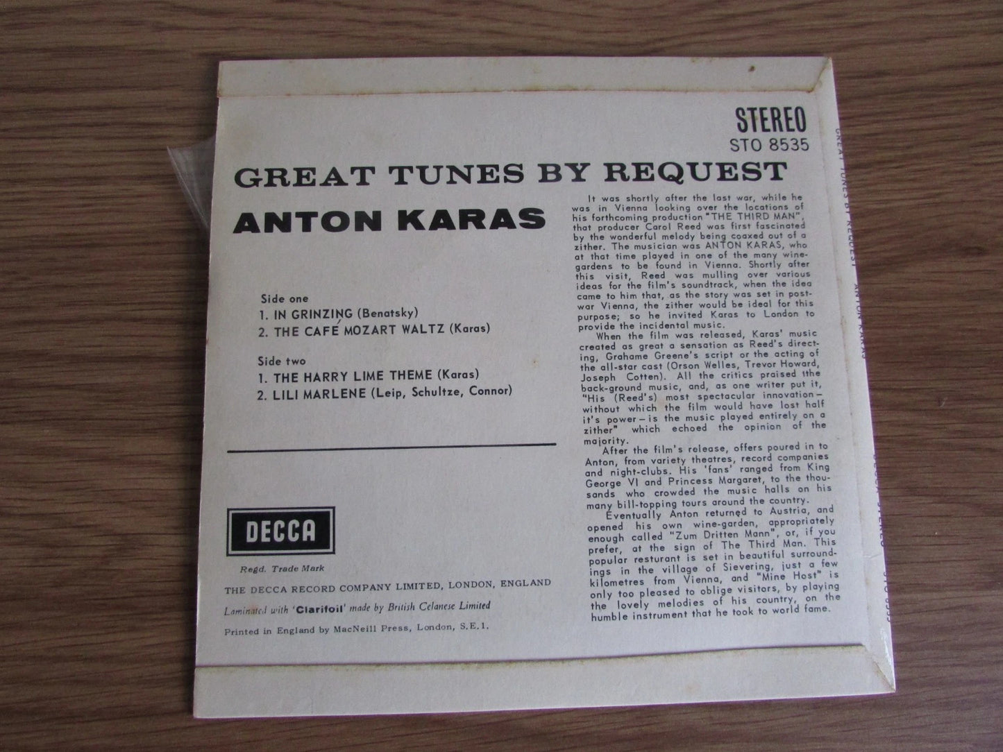 Anton Karas - Great Tunes By Request - 7" EP - Decca STO8535