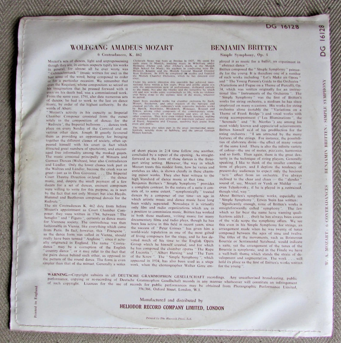 Mozart - 6 Contra Dances K.462 Simple Symphony op. 4 Munich Orchestra 10" Vinyl